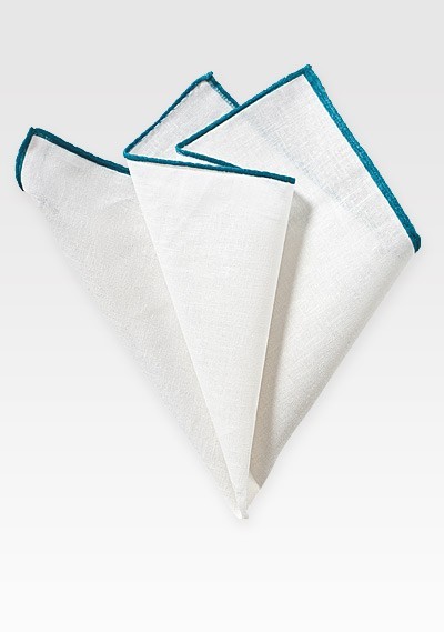 White Linen Hanky with Teal Border