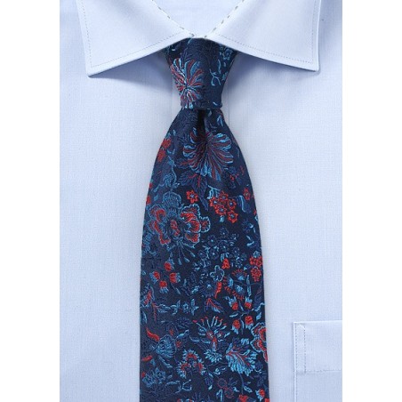Luxe Floral Silk Tie in Rich Blues and Red