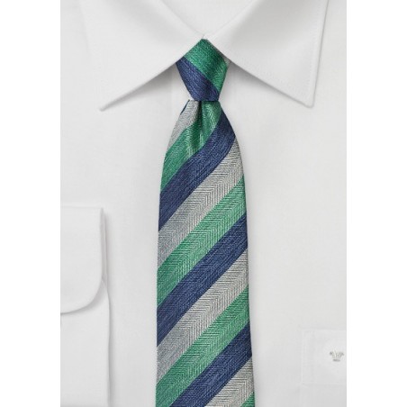 Summer Striped Silk Tie in Green, Gray, and Blue