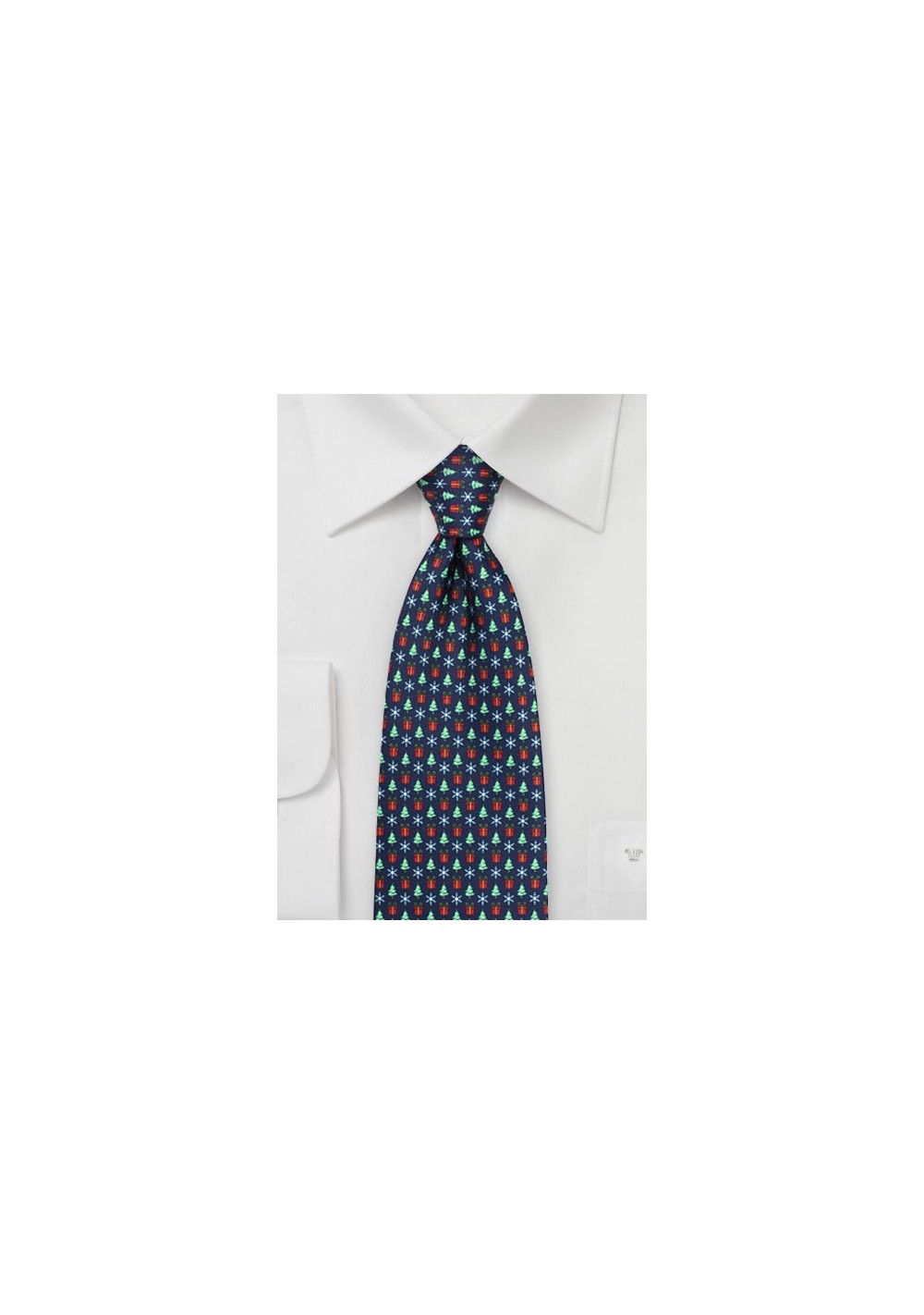 Holiday Tie with Trees, Presents, and Snowflakes in Navy