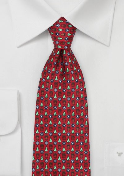 Holiday Tie with Presents, Trees, and Snowflake Print