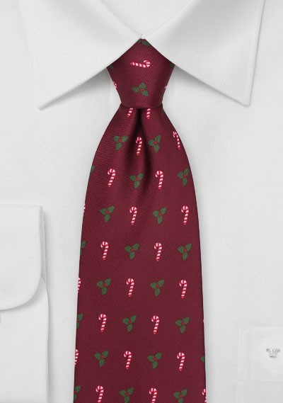Candy Canes and Mistletoes Tie in Burgundy