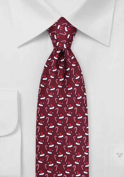 Christmas Theme Print Tie in Wine Red