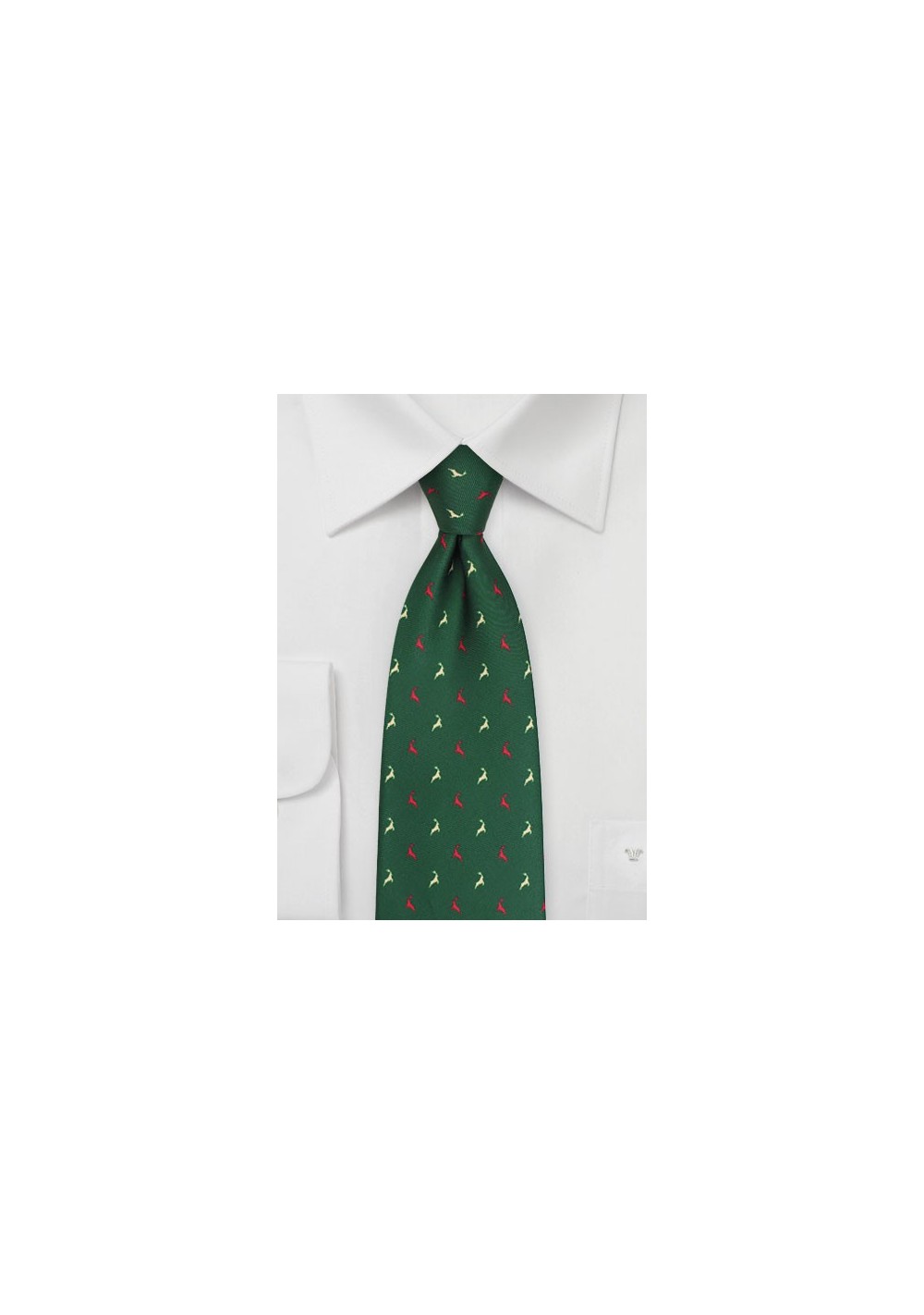 Dark Green Tie with Reindeer Print in Red and Cream