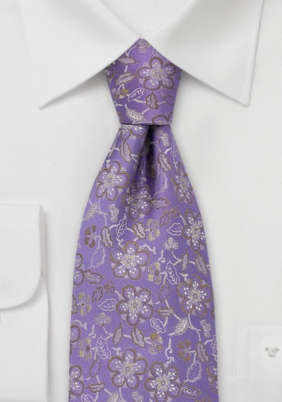 Lavender Silk Tie by Chevalier With Golden Flowers