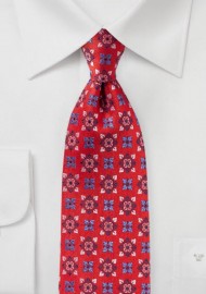 Bright Red Medallion Design Silk Tie