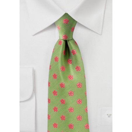 Peridot Green Tie with Coral Flowers
