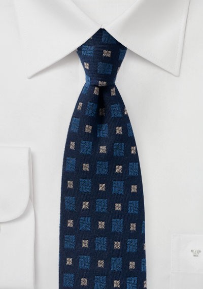 Navy Blue Wool Tie with Medallion Design