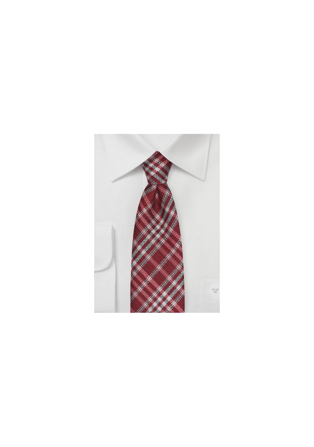 Plaid Tie in Crimson Red and Silver