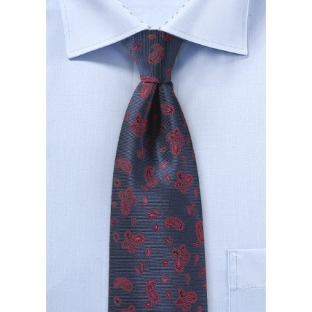 Navy Kids Tie with Red Paisley Design