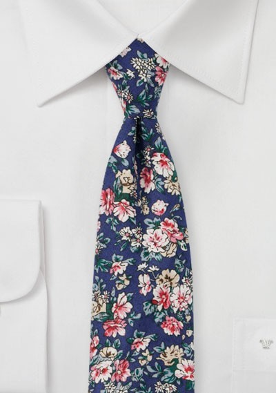 Navy, Pink, and White Cotton Print Tie
