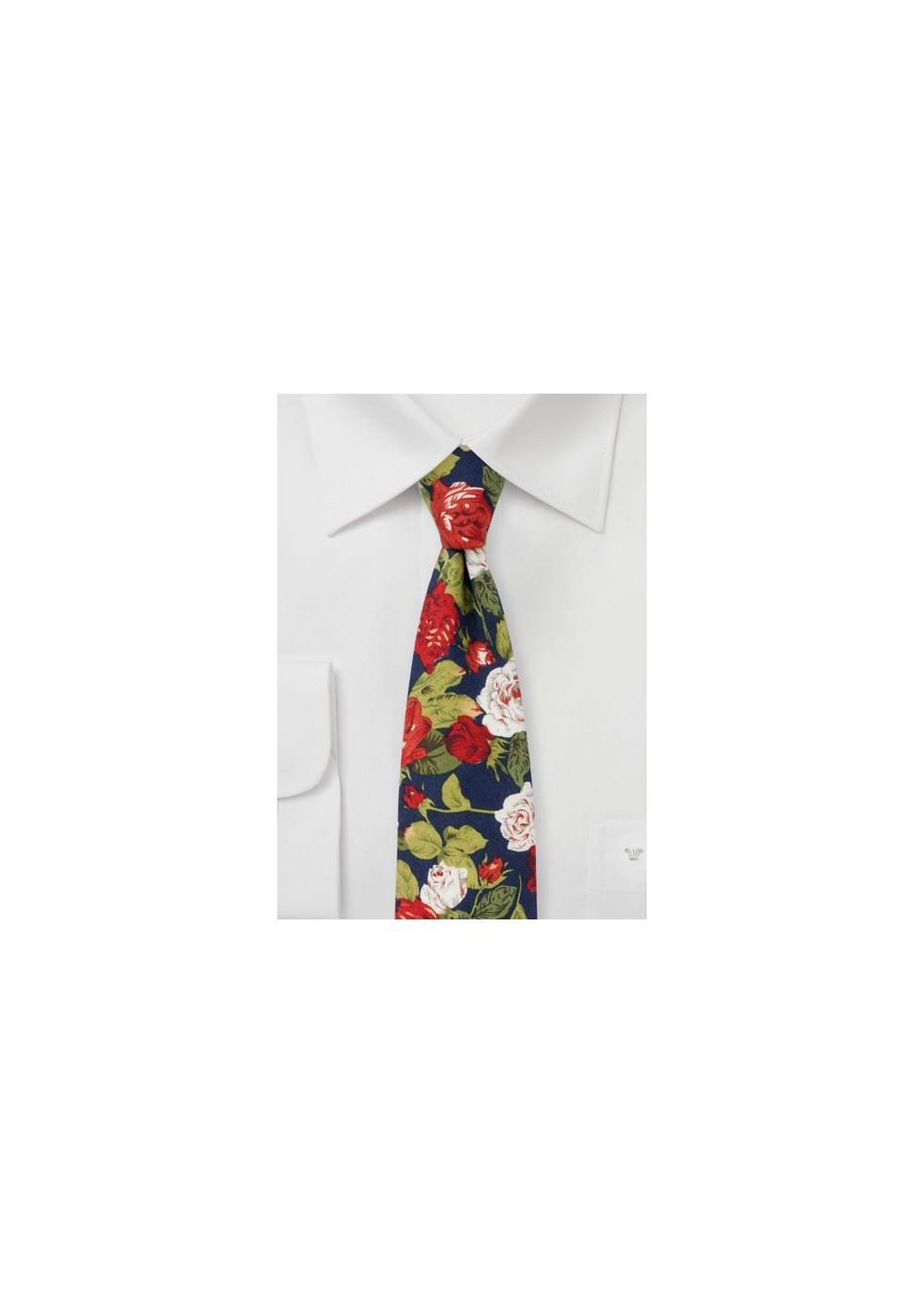 Rose Pattern Tie in Navy, Red, White, and Green
