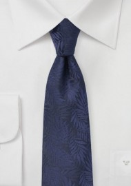 Dark Navy Skinny Tie with Tropical Leaf Design