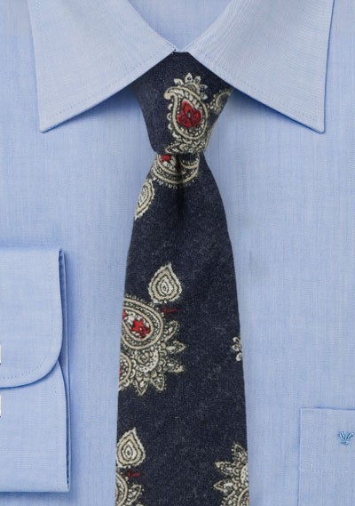 Dark Navy, White, and Red Paisley Flannel Tie