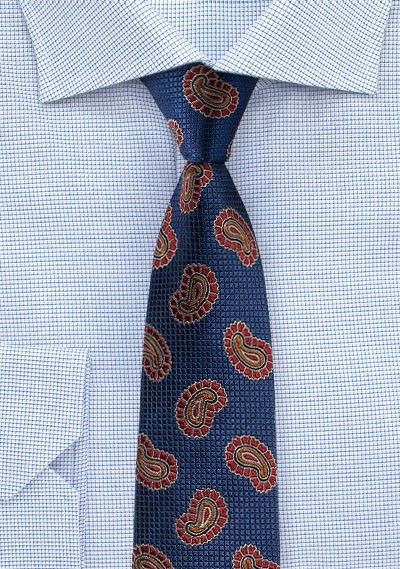 Fun Paisley Silk Tie in Navy and Red