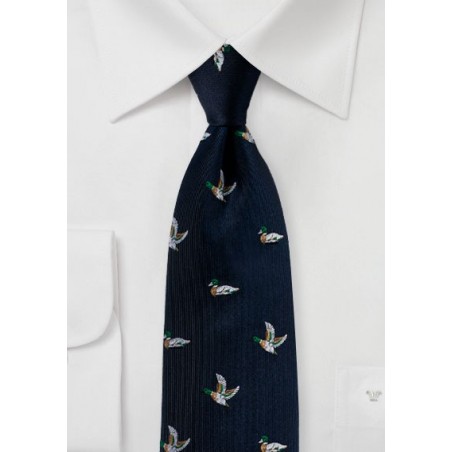 Midnight Blue Silk Tie with Embroidered Mallard Ducks