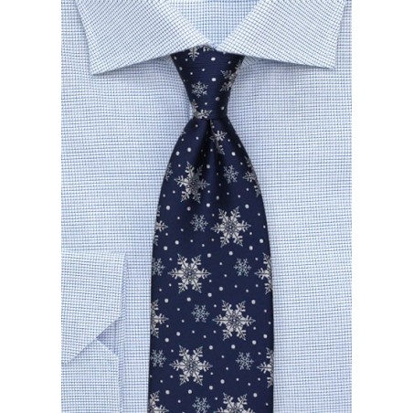 Navy Tie with Silver Snowflakes