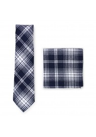 navy and white tartan plaid skinny tie and hanky set in cotton