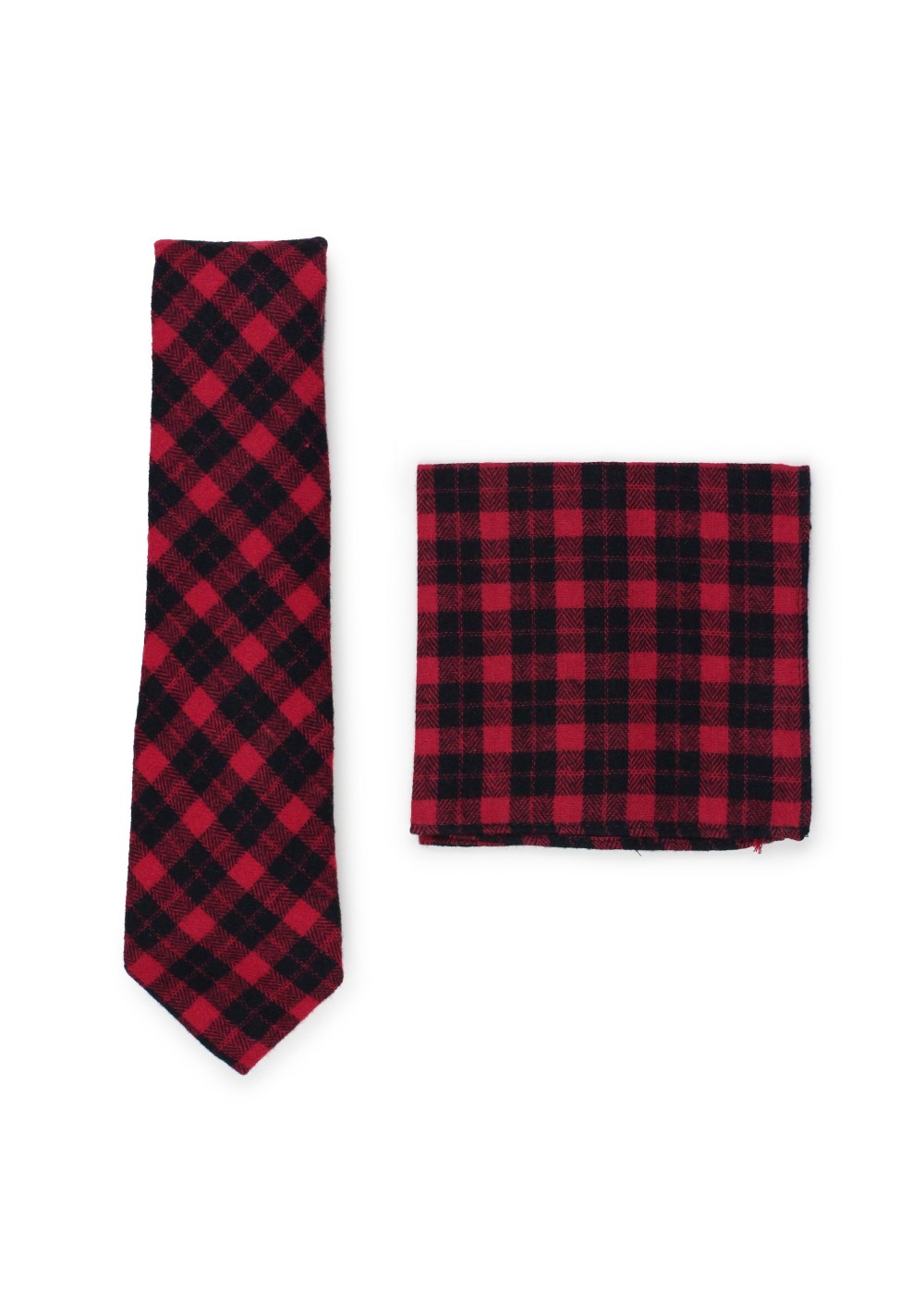 Tartan plaid necktie with hanky in crimson red and black