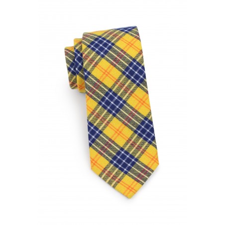 skinny tartan tie in amber yellow and navy blue