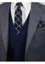 navy skinny plaid tie in cotton
