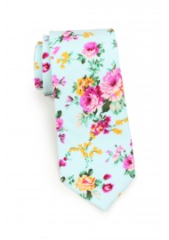 skinny cut cotton floral necktie in turquoise and pink