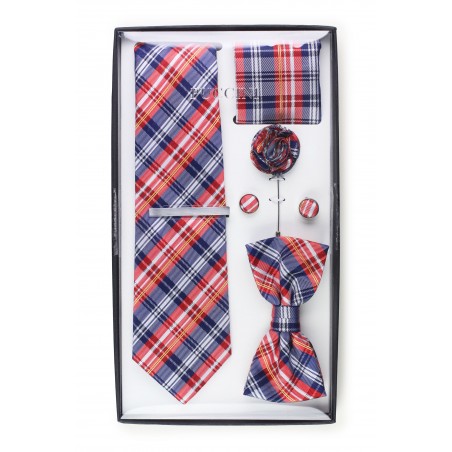6-piece menswear set in red and blue plaid