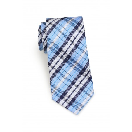 Standard length plaid powder blue necktie