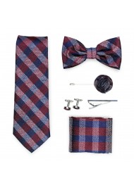 gingham check necktie gift set in navy and burgundy