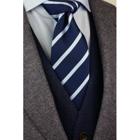 Navy Blue and Light Blue Striped Tie Styled