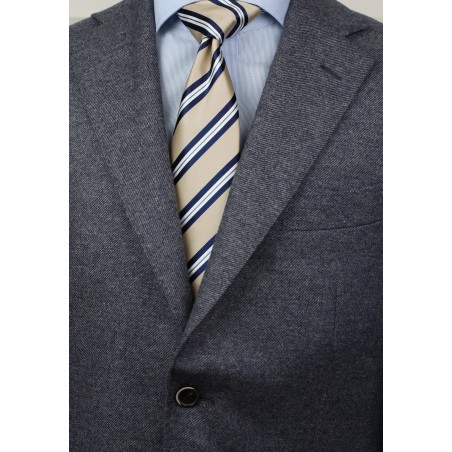 Repp Striped XL Length Tie in Beige and Navy Styled
