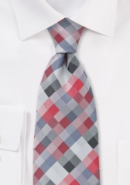 Diamond Check Tie in Red and Silver