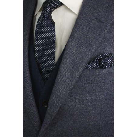 Dark Navy Skinny Tie with Silver Pin Dots Styled