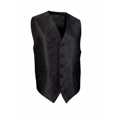 Shiny Jet Black Mens Dress Vest with Paisley Textured Design
