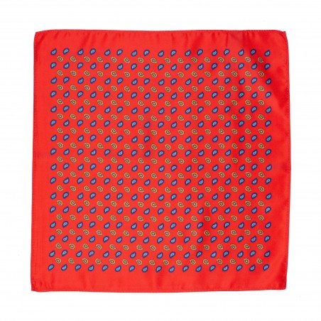 Suit Hanky in Bright Red with navy and Gold Paisley
