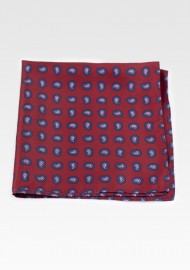 Maroon Red Pocket Square with Paisley Print in Pink and Blue