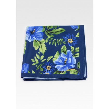 Dark Blue Pocket Square with Floral Hawaiian Print