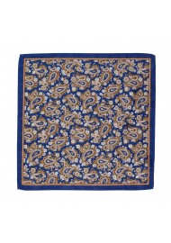 Suit Pocket Square in Dark Blue with Antique Gold Paisley Design