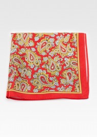 Bold Summer Paisley Pocket Square in Bright Red with Gold Paisley Design