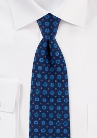 Slim Cut Cotton Tie in Navy with Geometric Design Print
