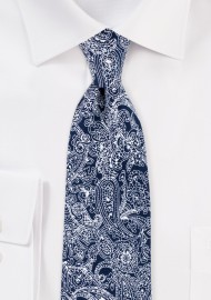 Bandana Style Paisley Print Cotton Tie in Navy and White