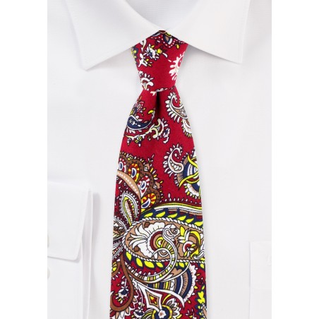 Red and Gold Paisley Print Cotton Tie in Slim Width