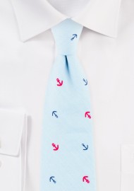 Light Sky Blue Anchor Print Cotton Tie in Skinny Cut