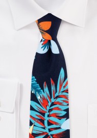 Dark Blue Hawaii Print Cotton Tie in Slim Cut