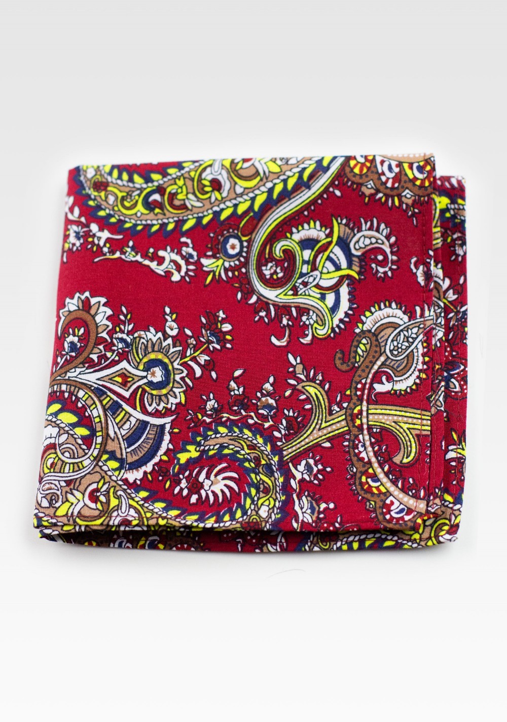 Cotton Pocket Square with Cherry and Gold Paisley Print