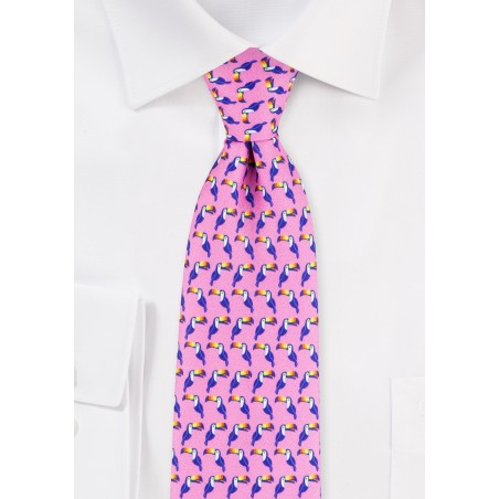 Summer Mens Tie in Pink with Fun Toucan Print