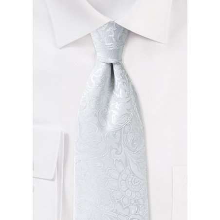 Bright White Mens Tie with Paisley Pattern in XL