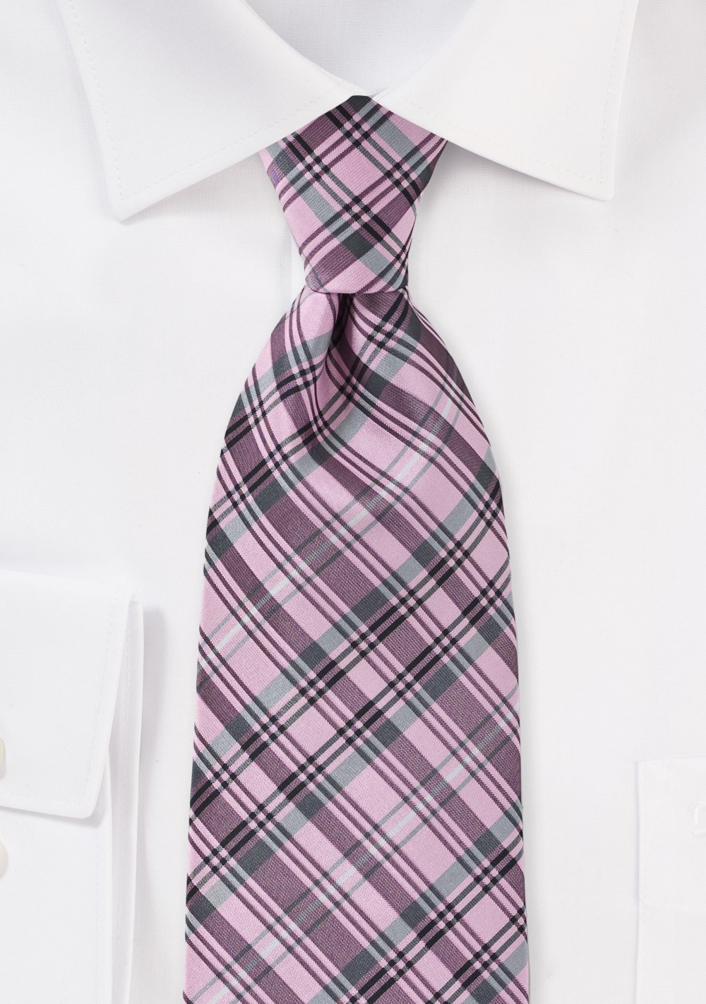 Modern Plaid Tie in Pink and Grey
