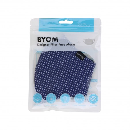 designer fabric face masks by BYOM in navy with star print flat in bag