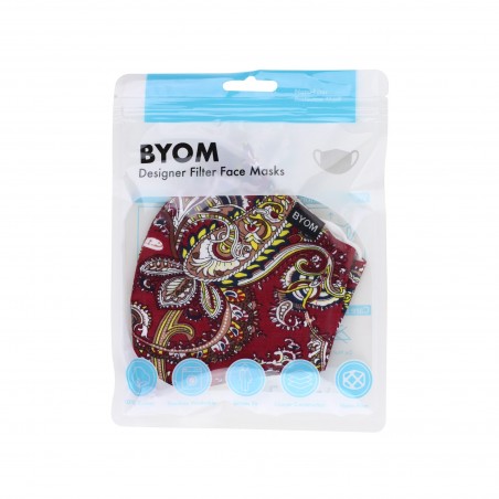 red paisley print face masks in cotton by BYOM in bag